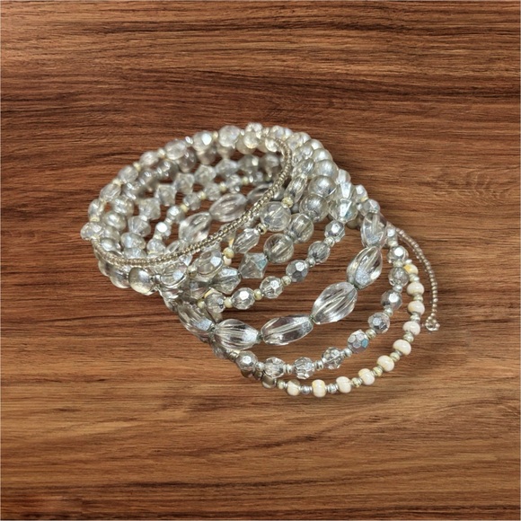 Silver/Tan Women's Shimmery Seven Row Beaded Spiral Bracelet - Picture 3 of 14